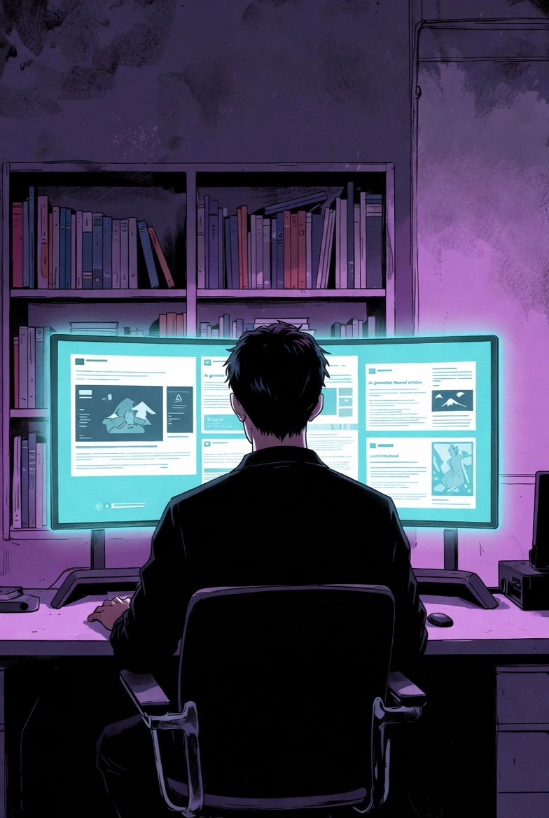 Illustration of a person reviewing AI-generated articles