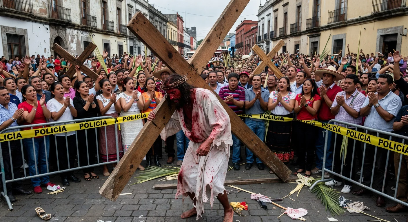 Actor portraying Jesus faints near the cross amid massive crowd at Iztapalapa Passion reenactment.