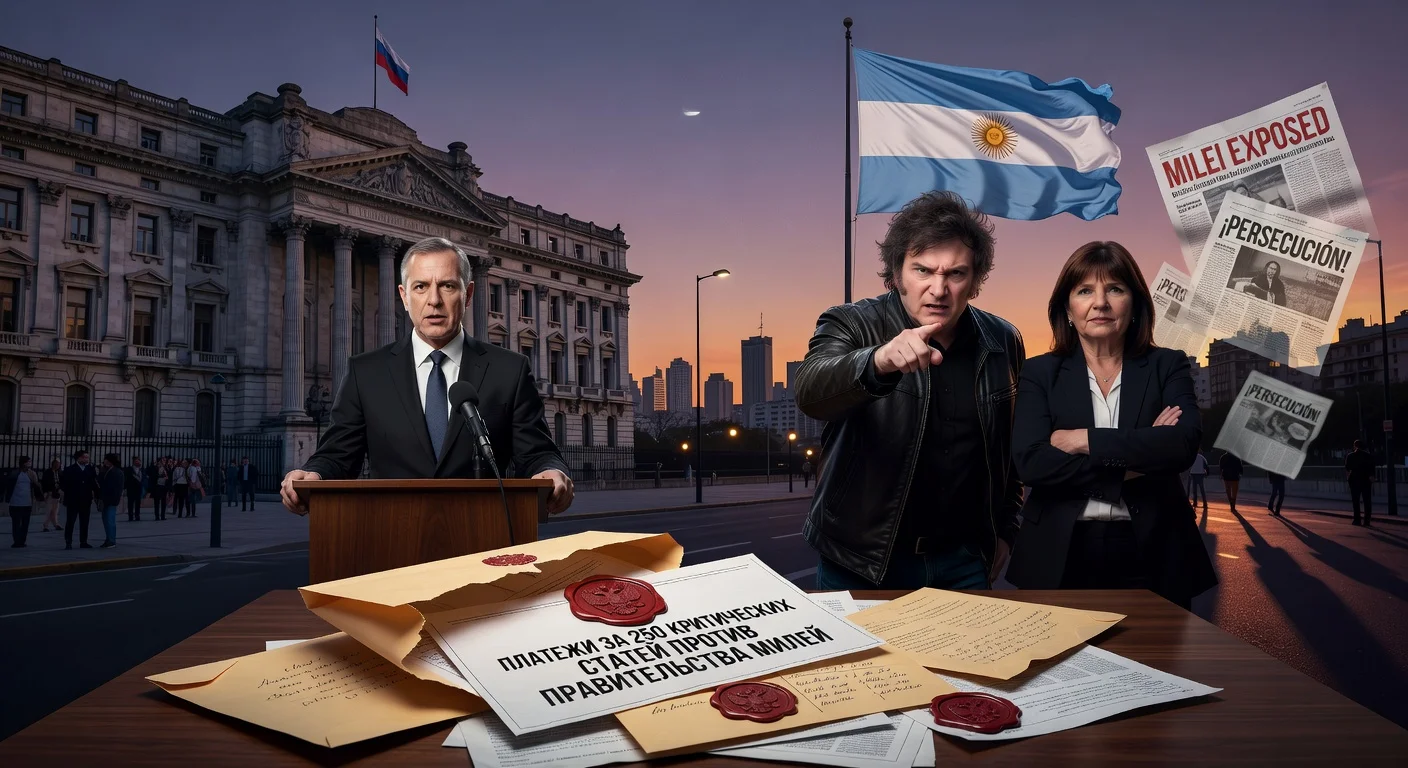 Illustration depicting Russian embassy denial of disinformation campaign against Milei government, with leaked documents, diplomats, and Argentine leaders.