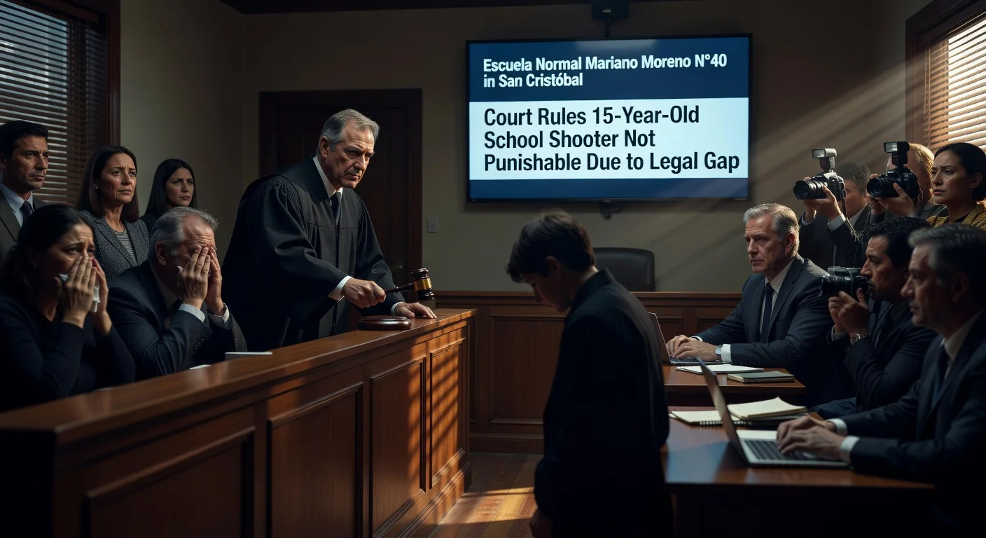 Realistic courtroom scene illustrating the Santa Fe ruling declaring a teenage school shooter not punishable, with judge, defendant, shocked families, and headline.