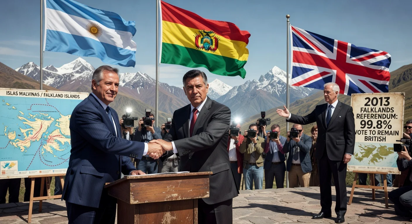 Diplomatic press conference in La Paz showing Argentina and Bolivia united in support of Falklands claim amid UK criticism.
