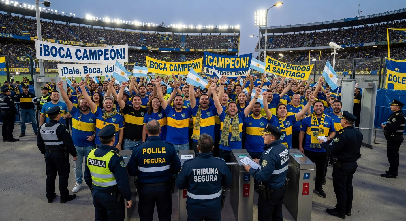 Boca Juniors fans enter Claro Arena under tight security for Copa Libertadores match vs. Universidad Católica.