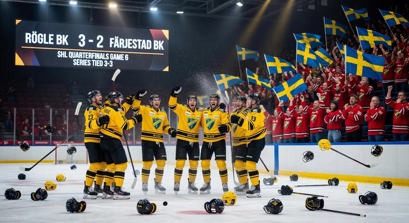Rögle BK players celebrate tying SHL playoff quarterfinal series 3-3 with a thrilling 3-2 win over Färjestad BK.