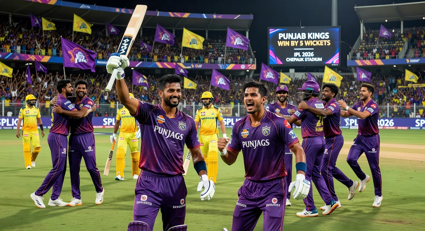Punjab Kings players, led by Shreyas Iyer, celebrate dramatic five-wicket IPL win chasing 210 against CSK at Chepauk.