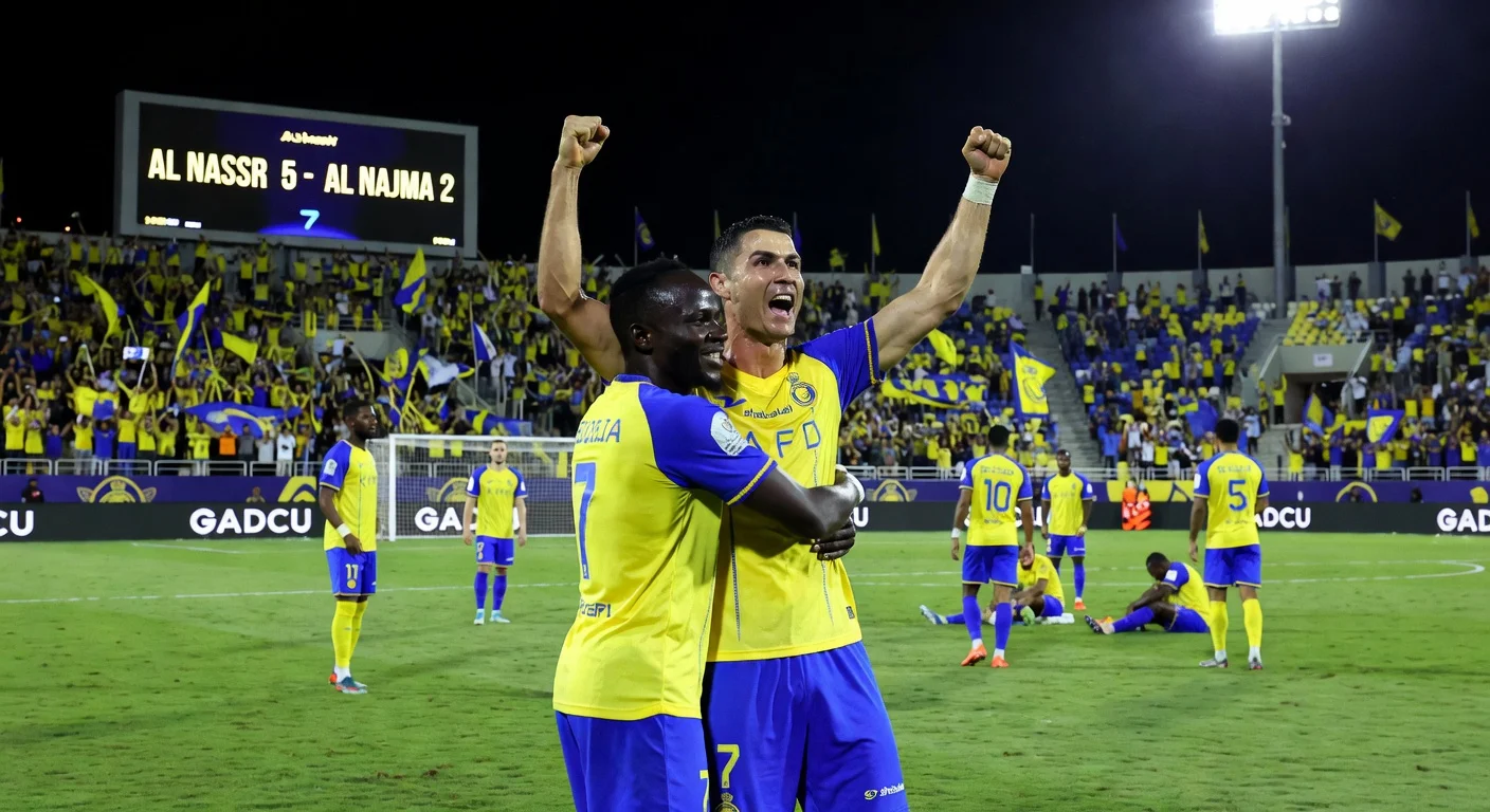 Cristiano Ronaldo and Sadio Mane celebrate during Al Nassr's 5-2 comeback win over Al Najma in the Saudi Pro League.