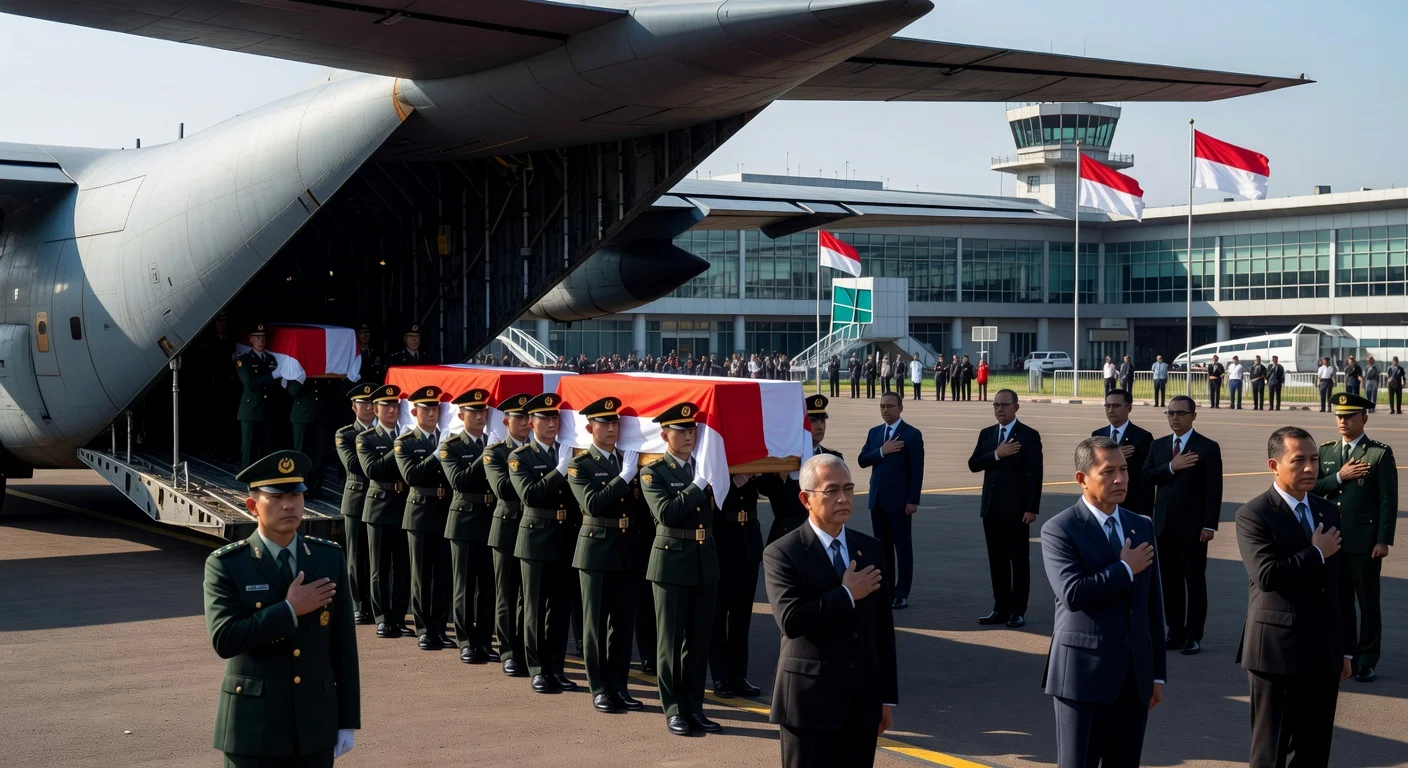 Remains of three Indonesian soldiers arrive at Jakarta's Soekarno-Hatta Airport for a ceremonial tribute following their deaths in Lebanon.