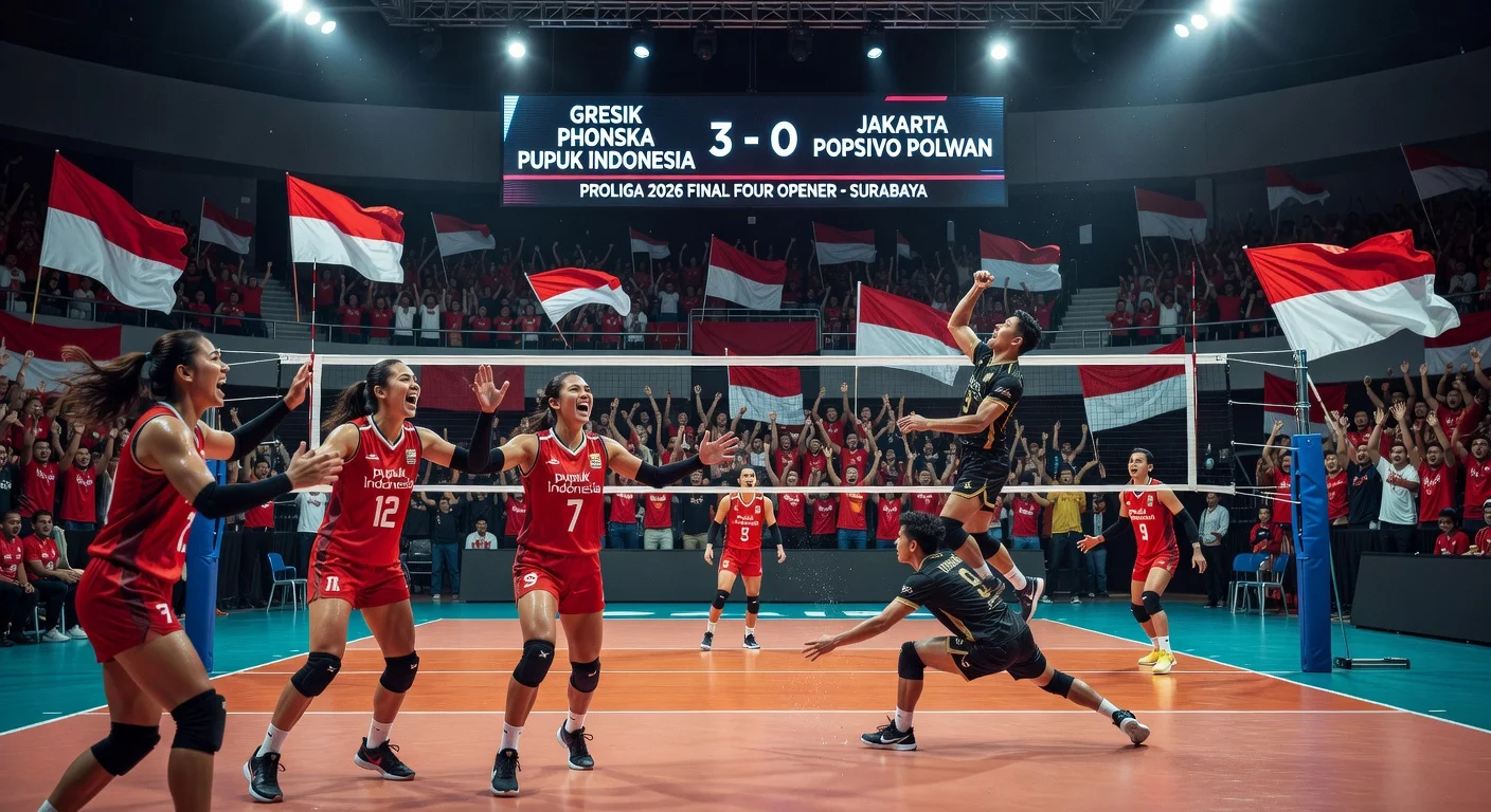 Illustration of Gresik Phonska and Jakarta LavAni securing straight-set wins in Proliga 2026 Final Four opener.