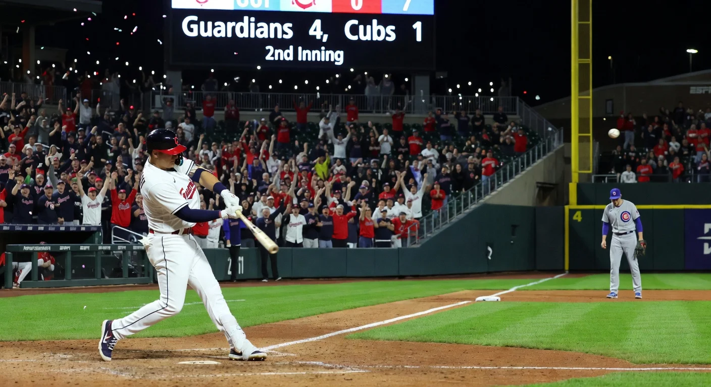 Chase DeLauter hits two-run homer as Guardians defeat Cubs 4-1 in home opener; Cubs' Cade Horton exits early.
