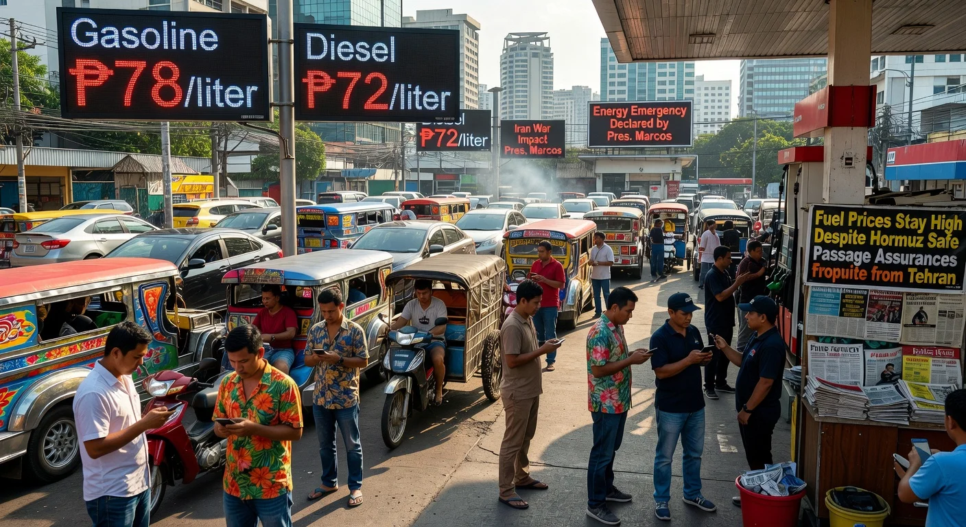 Motorists queue at a Metro Manila gas station with elevated fuel prices despite Strait of Hormuz safe passage assurances amid Iran war effects.
