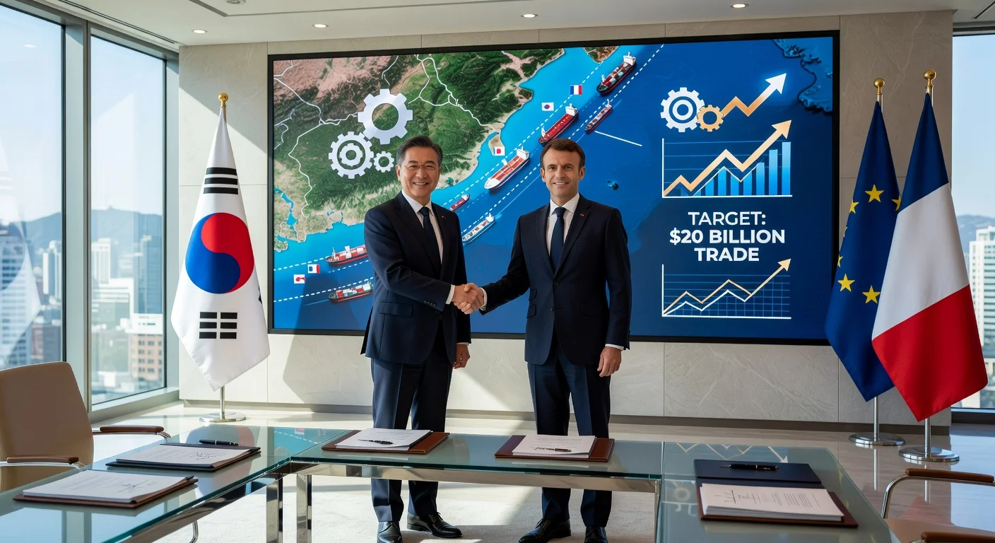 South Korean and French presidents shaking hands at Seoul summit, with Strait of Hormuz map symbolizing cooperation on safe passage amid Middle East tensions.