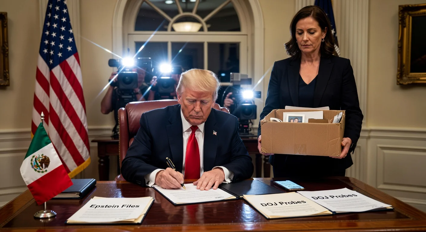 Oval Office scene of President Trump dismissing Attorney General Pam Bondi amid Epstein files and controversies.