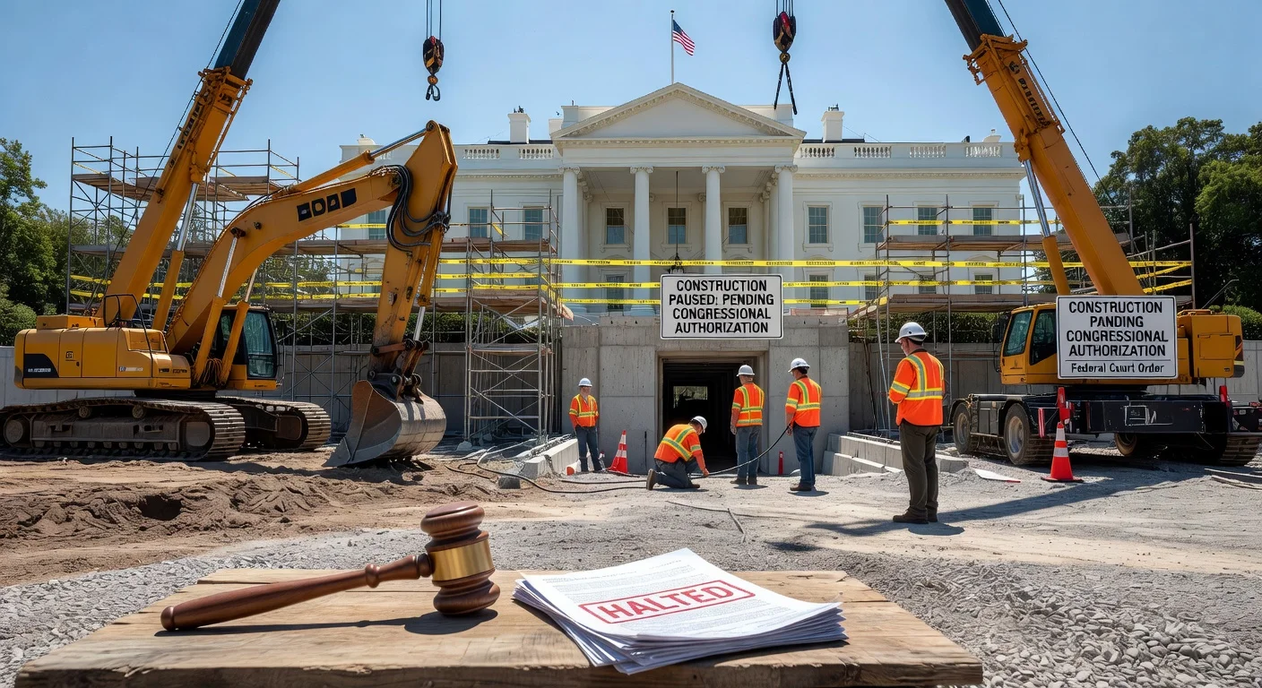Illustration of halted White House East Wing construction for Trump's ballroom, with idle equipment and ongoing security work per federal judge's ruling.