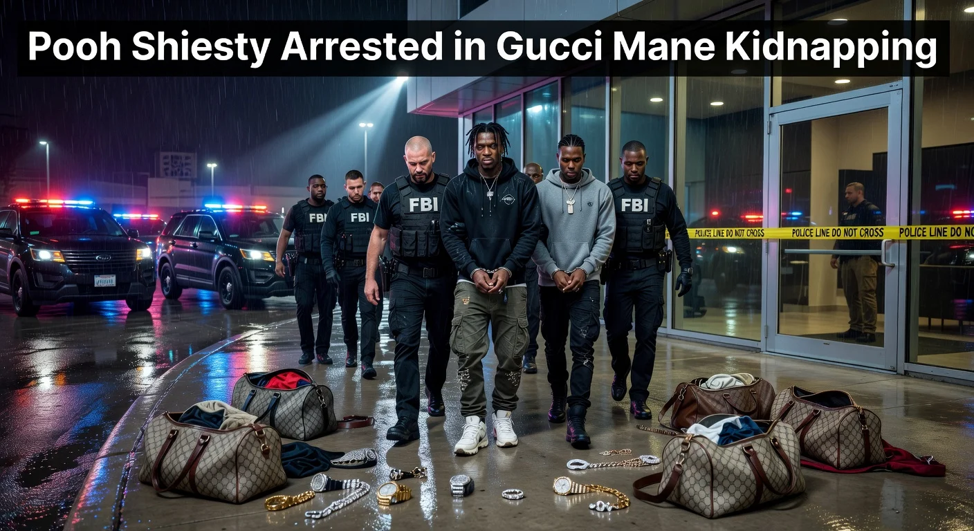 Dramatic arrest scene of rapper Pooh Shiesty and associates outside Dallas studio in Gucci Mane armed robbery case.