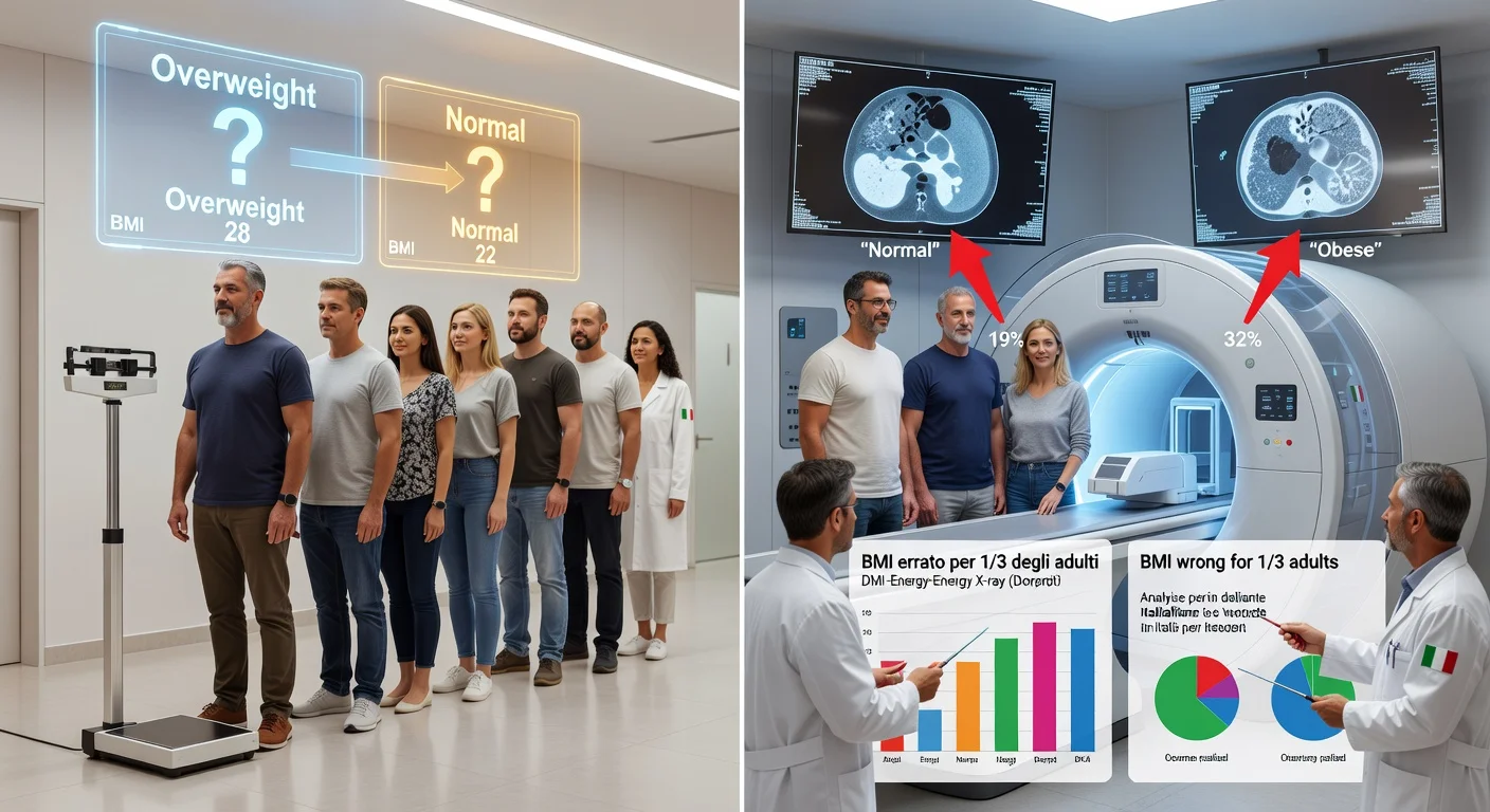 Split-image illustration depicting BMI vs. DXA scan misclassification in an Italian study, with adults and researchers in a clinic.