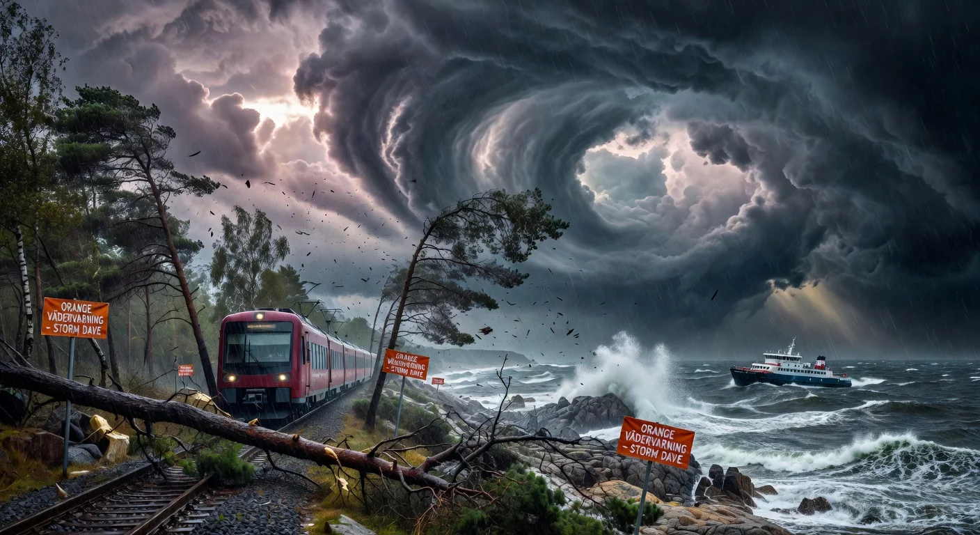 Dramatic scene of Storm Dave in Sweden: fallen trees blocking train tracks, halted ferry amid fierce winds and crashing waves, orange warnings.