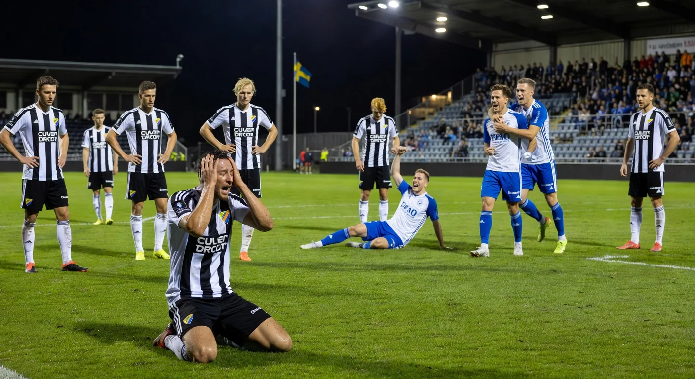 Dejected Degerfors IF captain Daniel Sundgren and teammates after 0-3 loss to Sirius in Allsvenskan opener at Stora Valla.