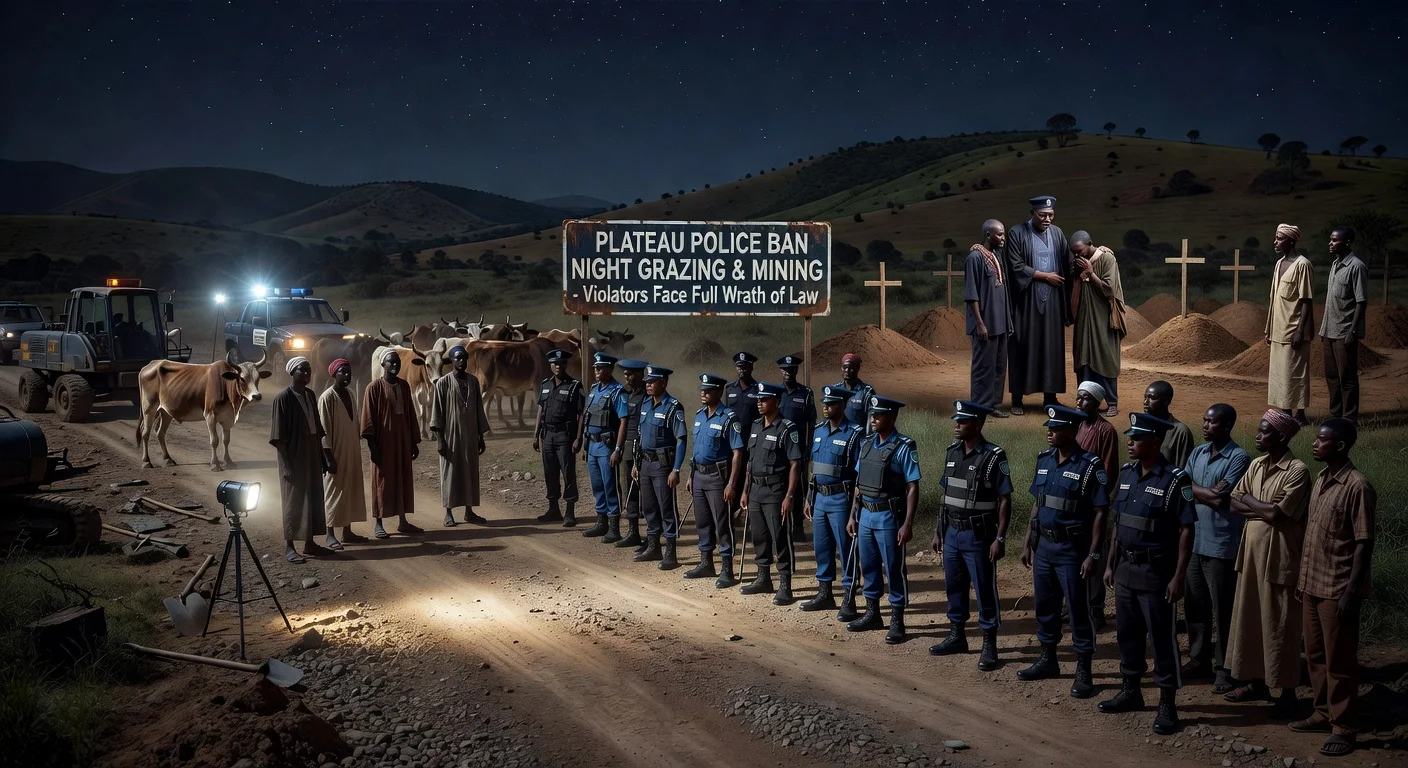 Plateau State police at a nighttime checkpoint enforcing ban on grazing and mining amid community tensions in Jos North.