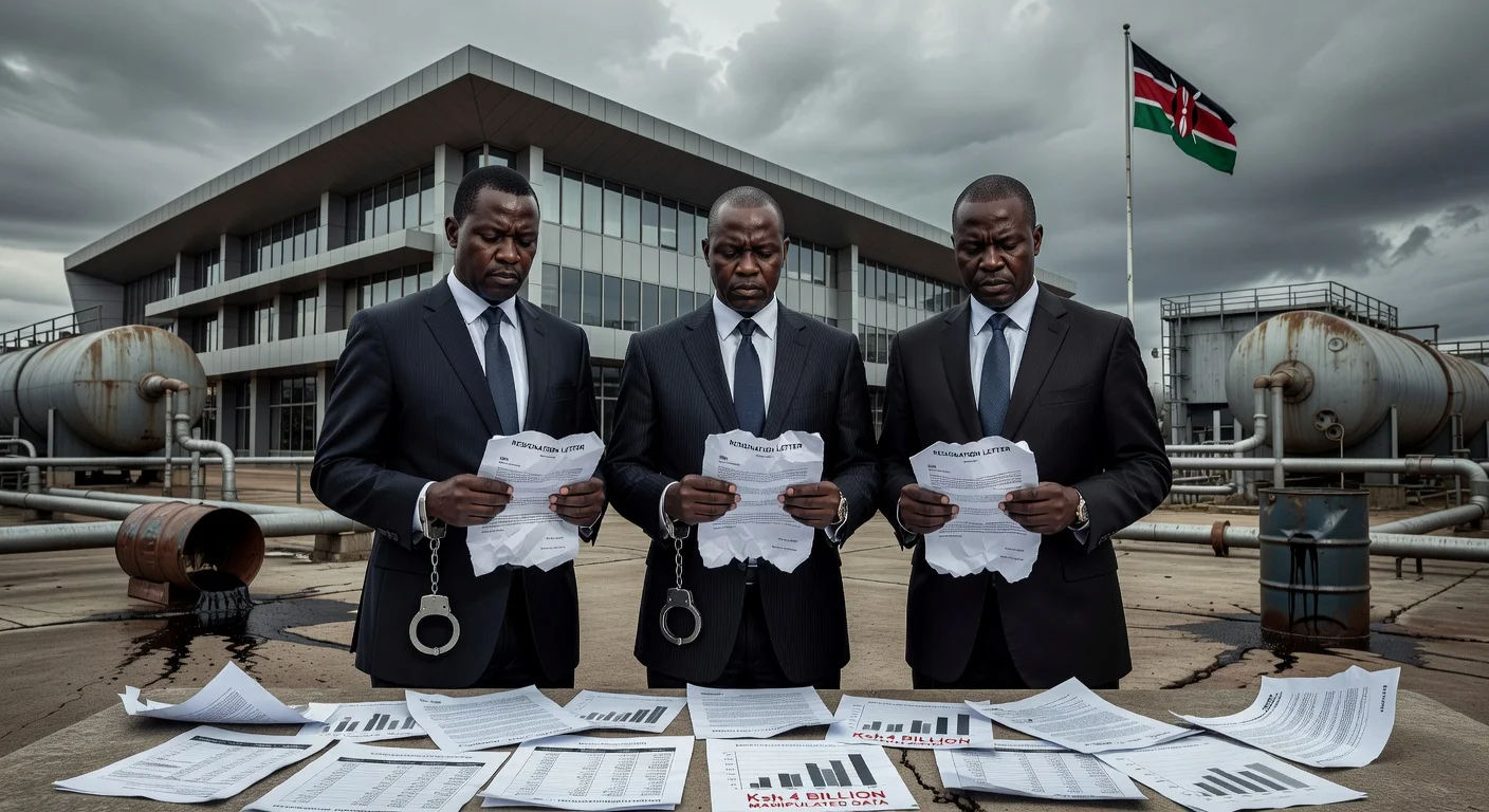 Kenyan energy officials resigning after arrests in Ksh4 billion fuel scandal, with symbolic elements of corruption and fuel infrastructure.