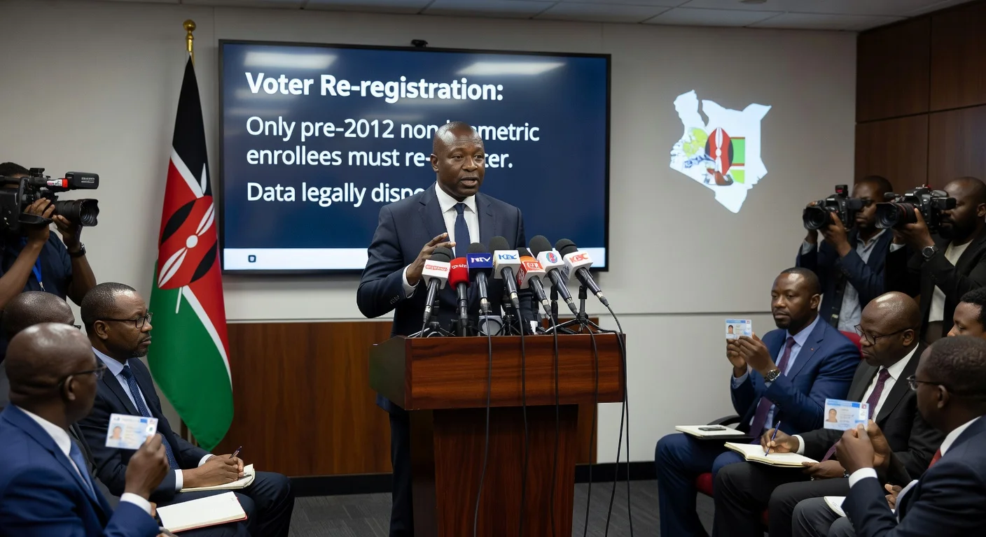 IEBC Chairman Erastus Ethekon at press conference clarifying voter re-registration rules for pre-2012 enrollees.