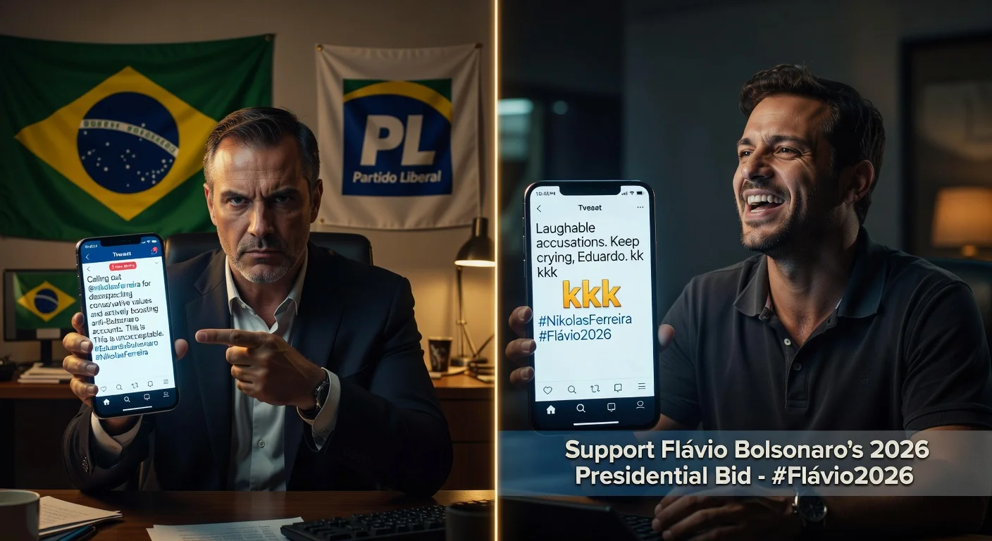 Illustration depicting Eduardo Bolsonaro criticizing Nikolas Ferreira in a social media dispute, split-screen style with X posts and Brazilian political elements.