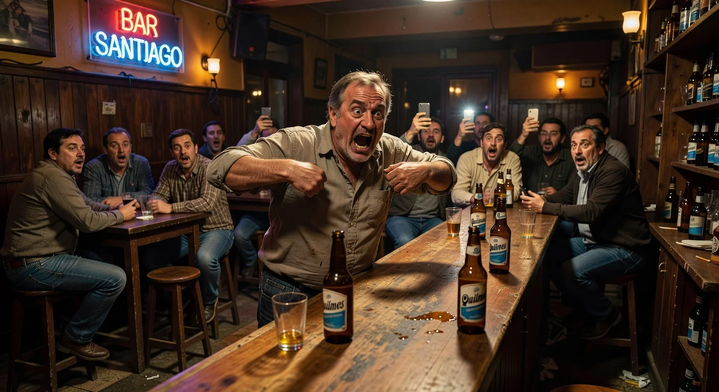 Illustration depicting Mariano Páez imitating a monkey in a bar, amid family racism scandal.