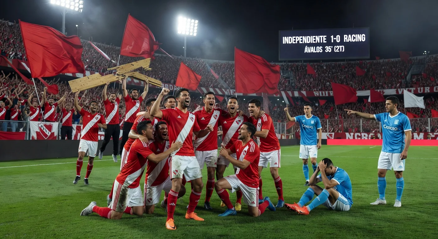 Independiente celebrates 1-0 win over Racing in passionate Avellaneda Derby, fans with broken bench in background.