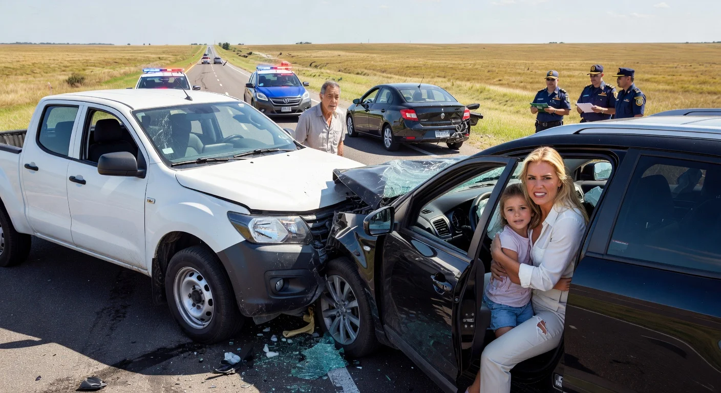 Dramatic highway crash scene in Cañuelas involving model Barby Franco, her daughter, and an elderly wrong-way driver.