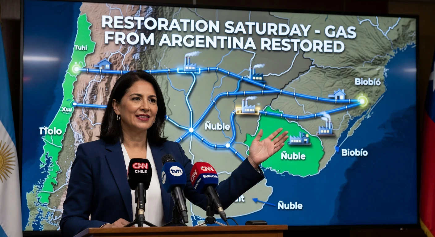 Energy Minister Ximena Rincón announces restoration of Argentine gas supply to Ñuble and Biobío regions at press conference.