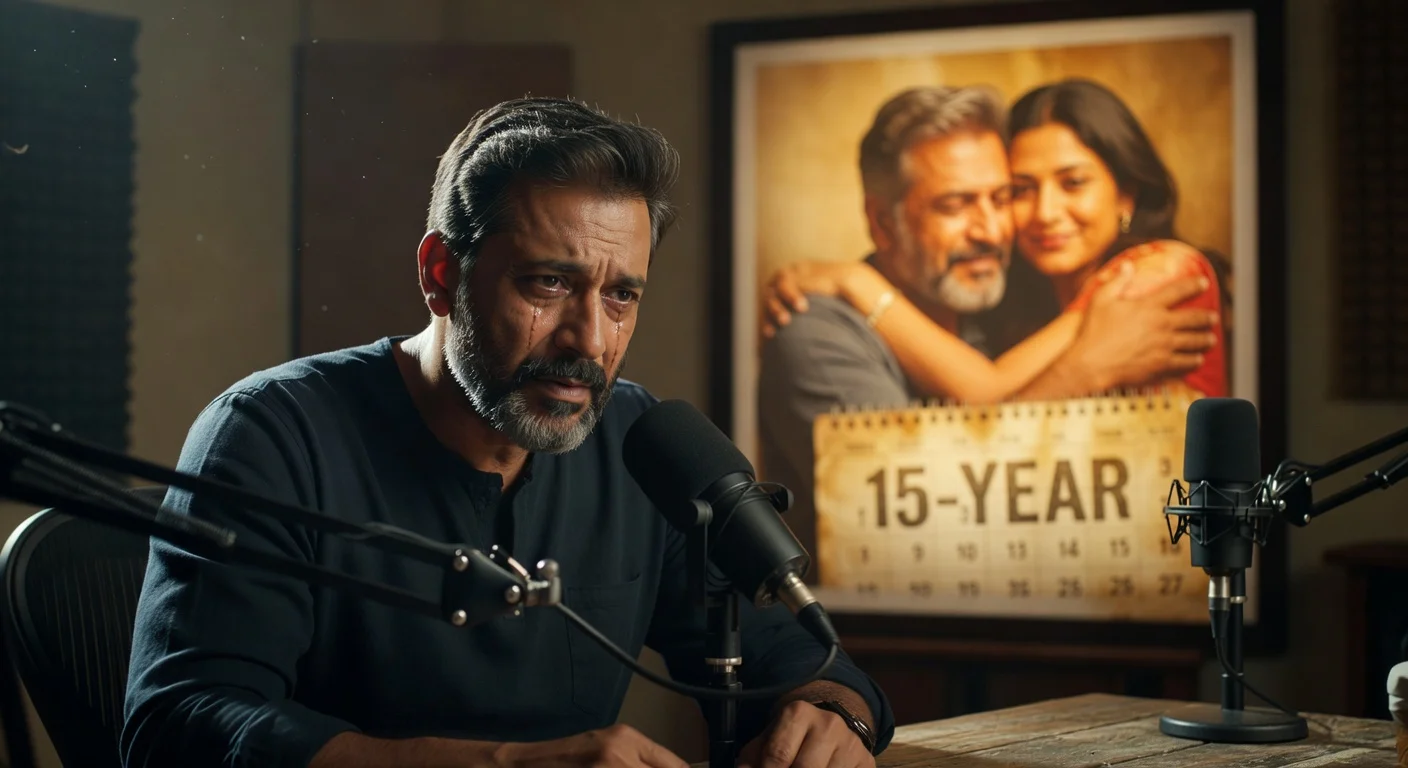 Piyush Mishra on podcast expressing remorse, with symbolic embrace of wife Priya representing forgiveness after 15 years.