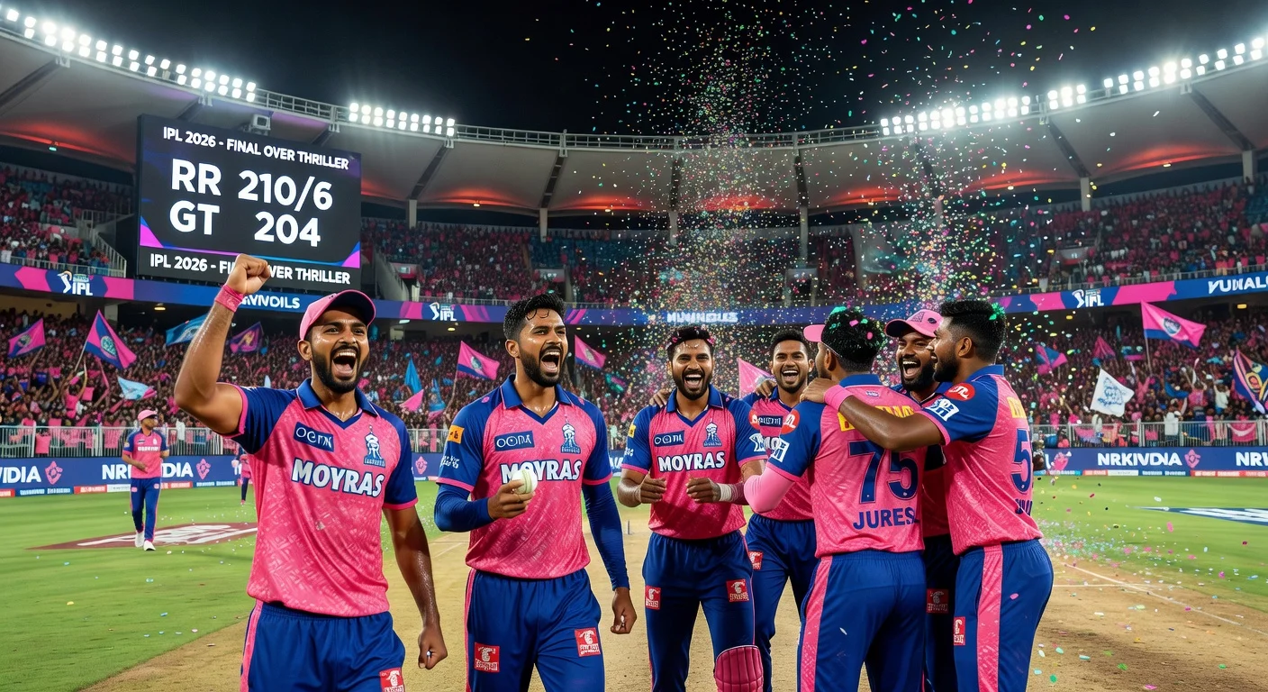 Rajasthan Royals players celebrate narrow six-run IPL win over Gujarat Titans in thrilling Ahmedabad match.