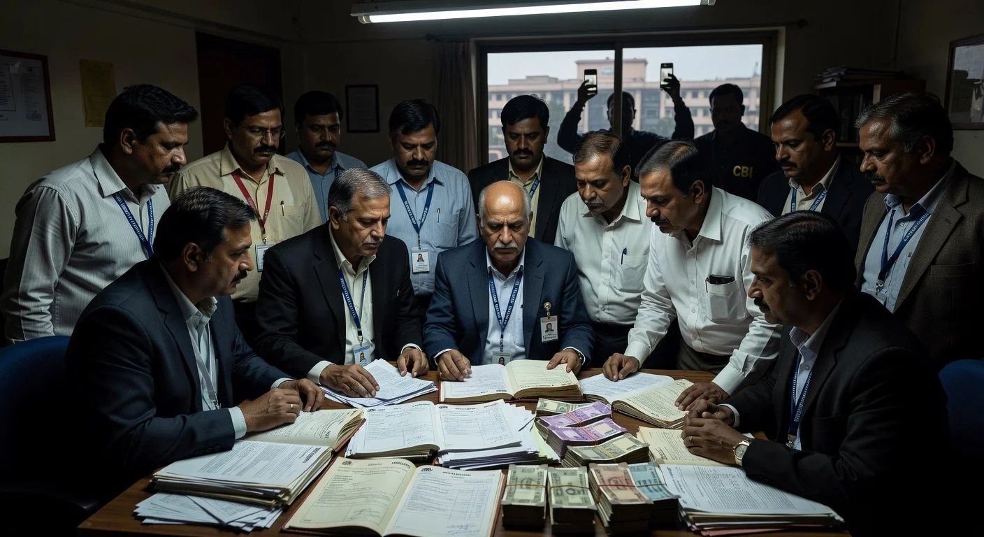 Illustration of corrupt bank officials, government workers, and intermediaries plotting Rs 950 crore fraud using fake documents in Chandigarh banks, with CBI investigators nearing.