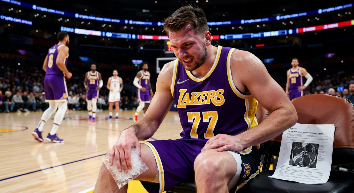 Luka Dončić on Lakers bench with hamstring injury ice pack, looking dejected.