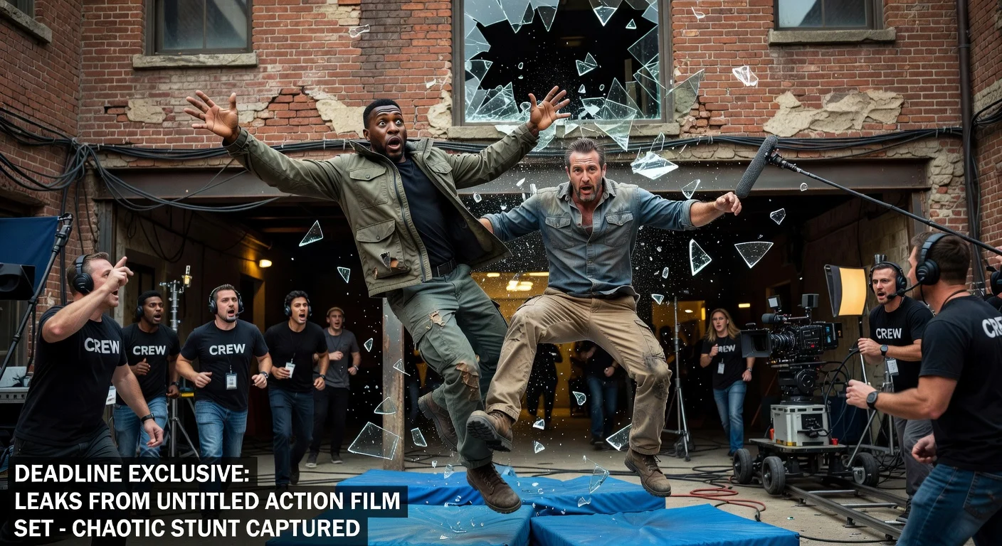 Actors Jonathan Majors and JC Kilcoyne falling through a shattered window during a movie set accident.