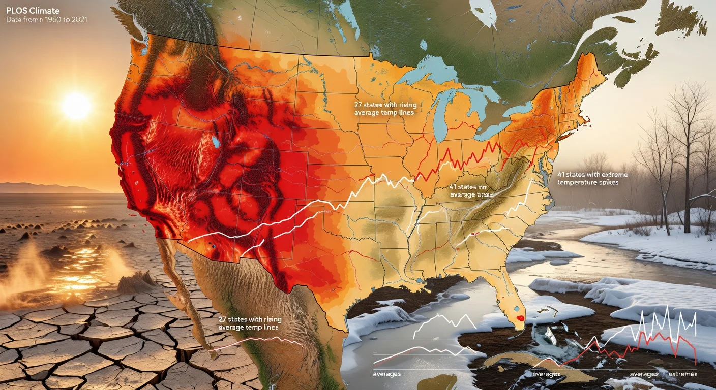 U.S. map illustration highlighting uneven state warming: hotter highs in West, warmer lows in North, contrasting averages and extremes.