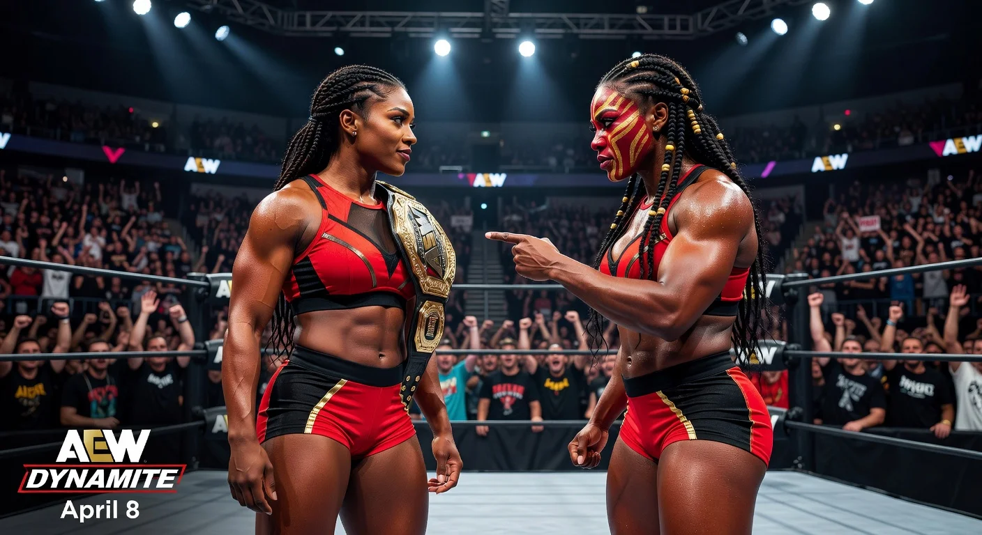 Intense staredown between TBS Champion Willow Nightingale and challenger Queen Aminata in AEW Dynamite ring.