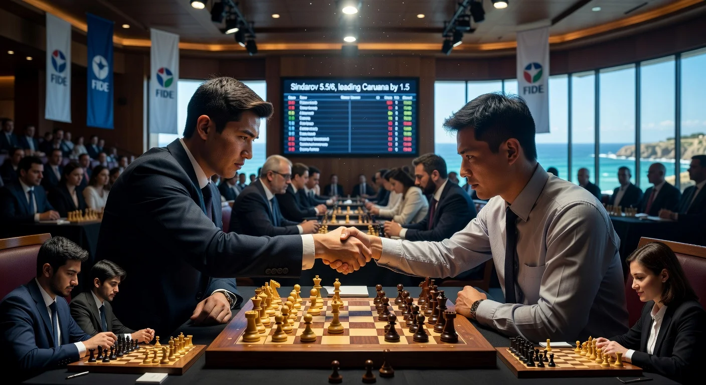 Javokhir Sindarov shakes hands with Wei Yi after victory, surging to sole lead in FIDE Candidates Tournament, with tournament highlights.