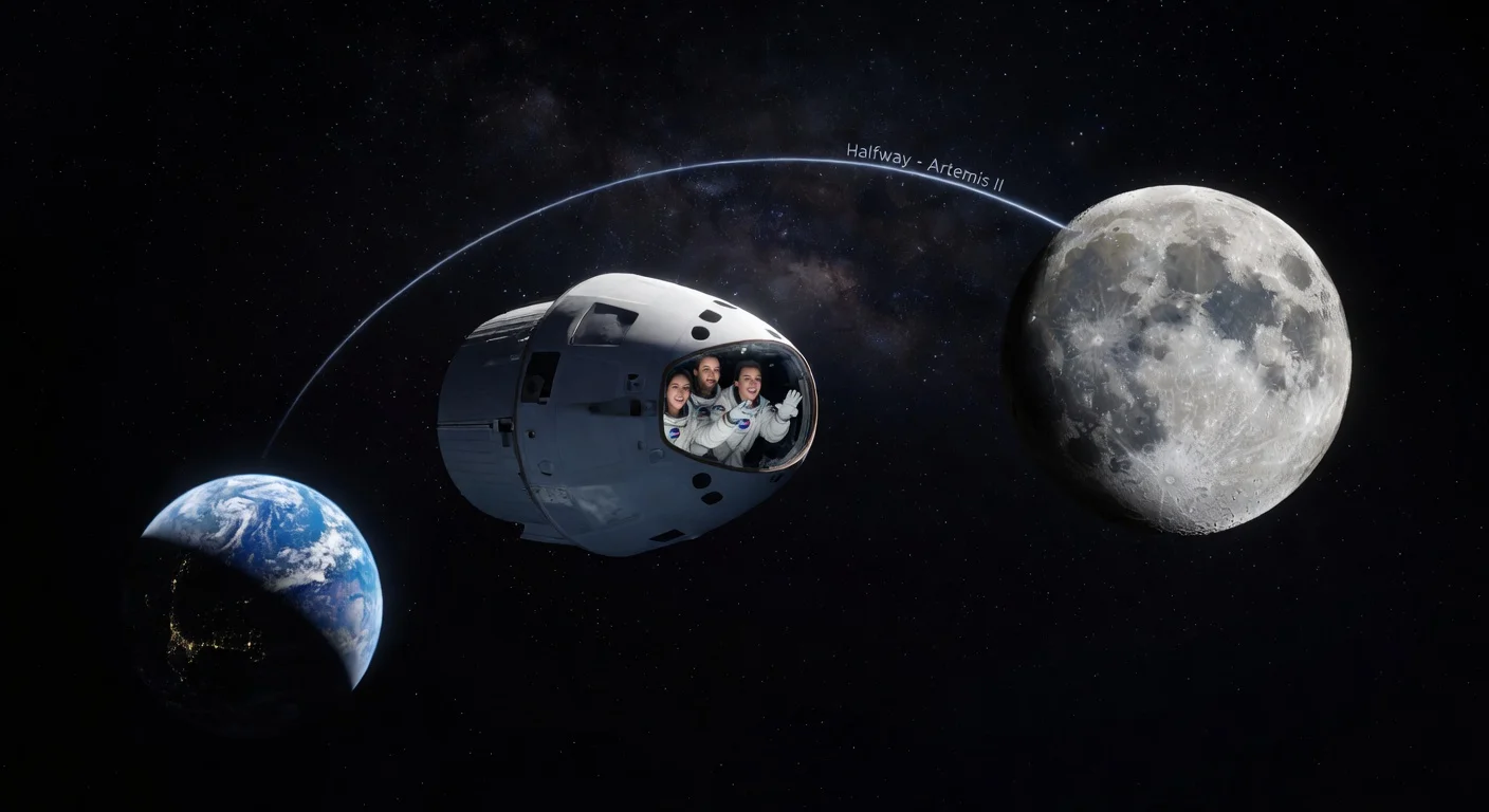 NASA Artemis II Orion spacecraft halfway to Moon, crew visible inside viewing Earth and lunar target.