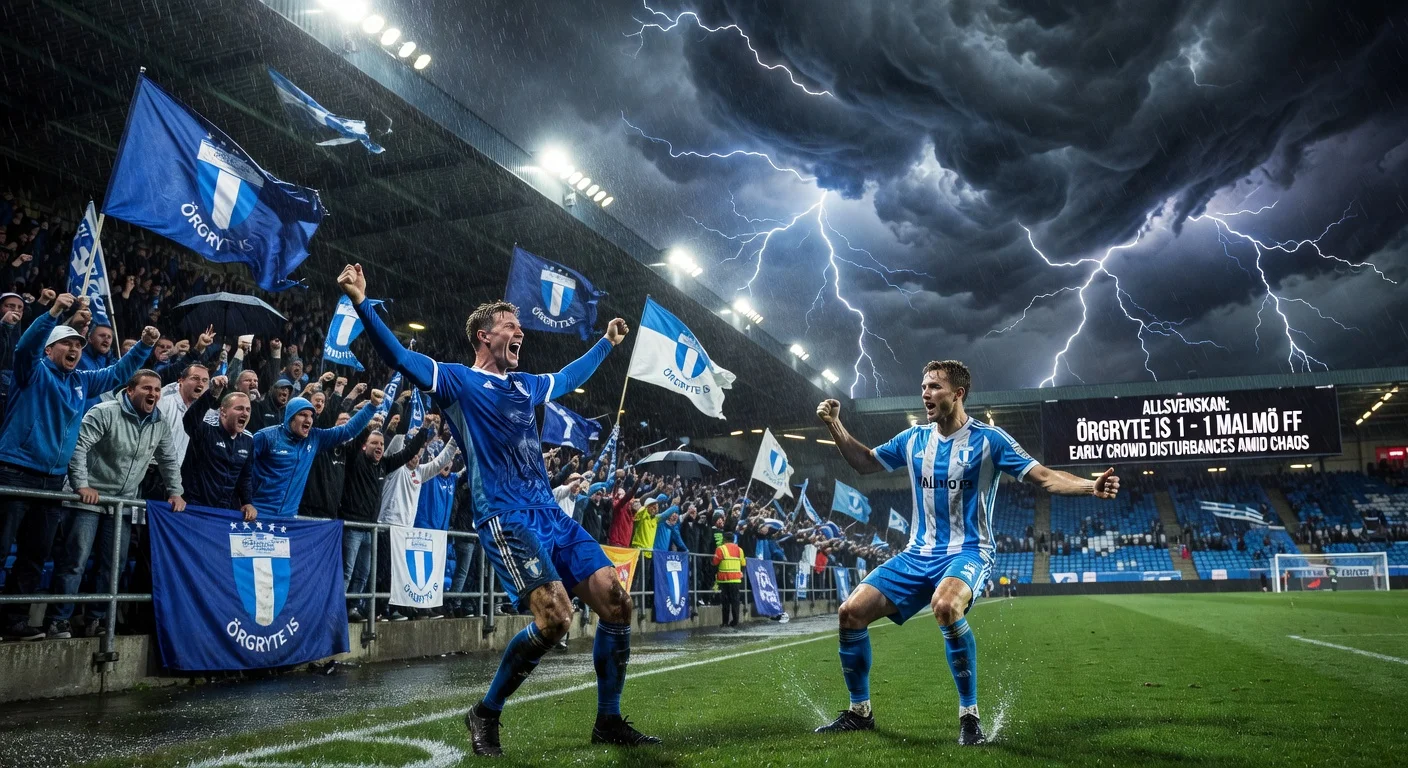 Photorealistic illustration of stormy Örgryte IS vs Malmö FF Allsvenskan match with crowd disturbances and 1-1 goals at Gamla Ullevi.