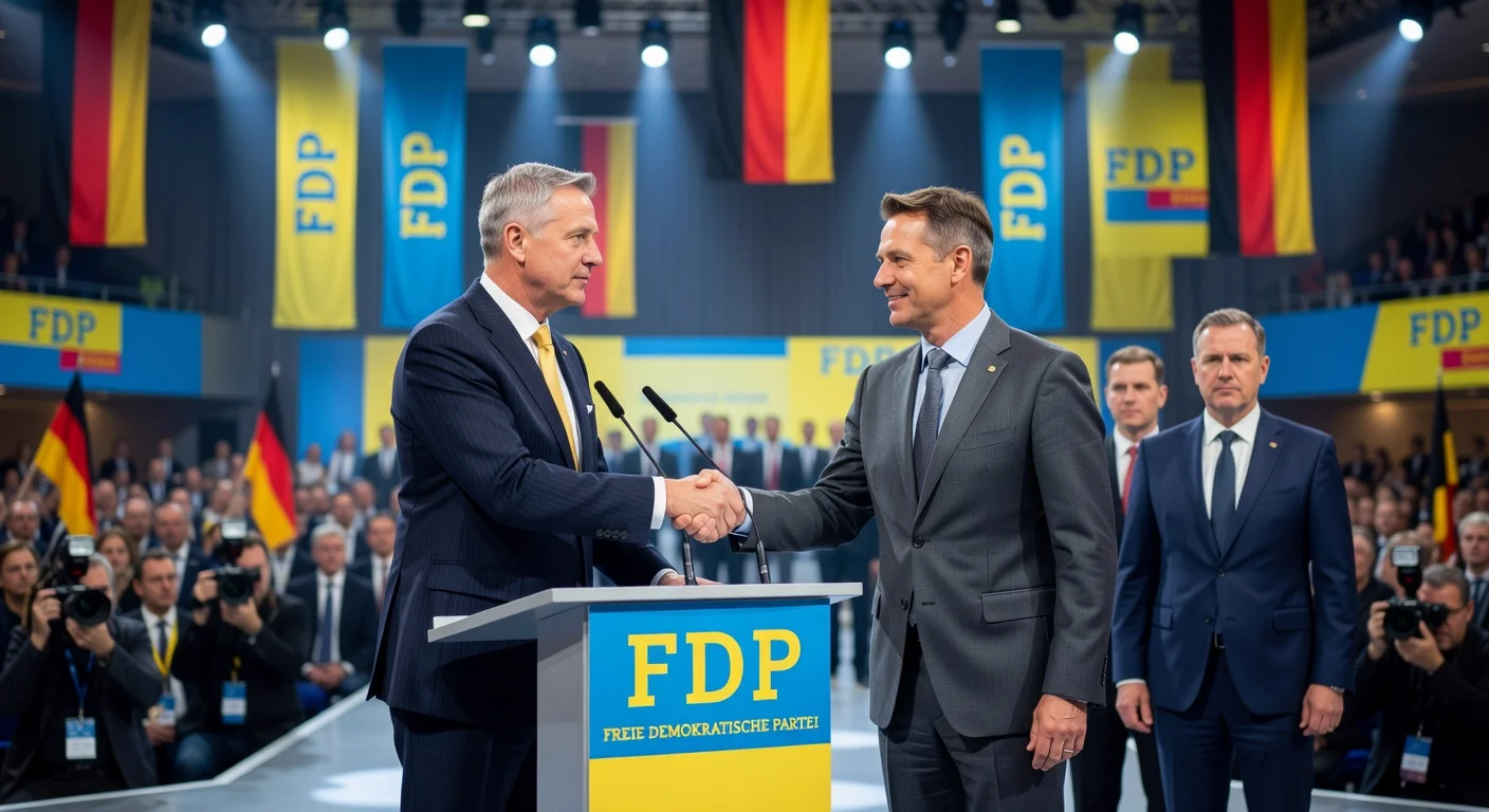 News illustration of FDP leadership race: Kubicki shakes hands with supportive Dürr at congress podium, Höne observing in background.