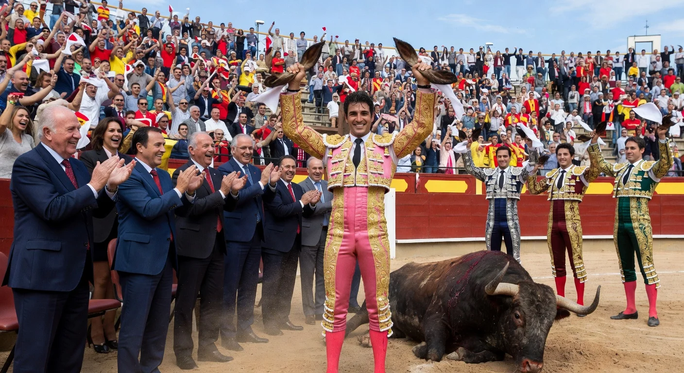 Triumphant bullfighter Morante de la Puebla celebrates cutting two ears at sold-out Seville bullfight with former King Juan Carlos I in attendance.
