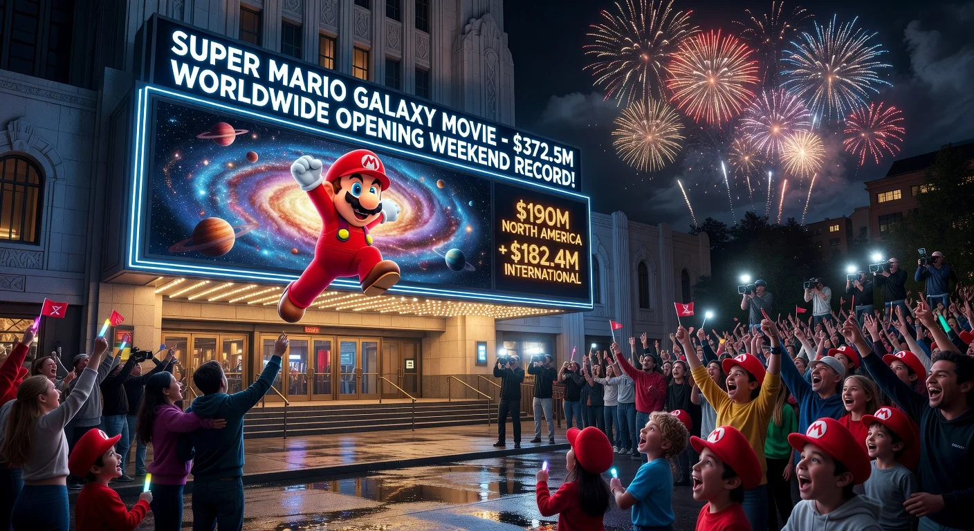 Illustration of ecstatic crowds at a cinema celebrating the Super Mario Galaxy Movie's record $372.5 million global opening weekend.