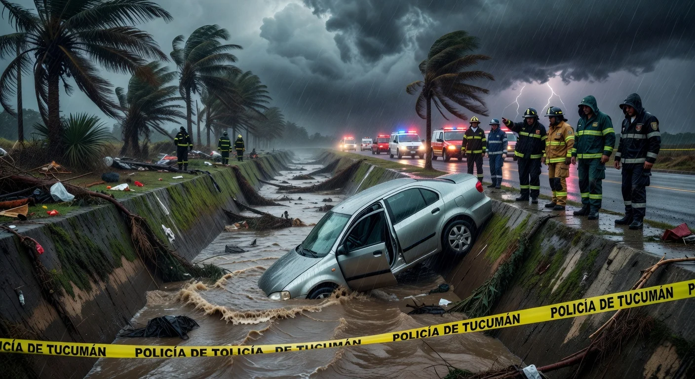 Illustration of a car swept into a drainage canal by a storm in Tucumán, where a couple was tragically found dead.
