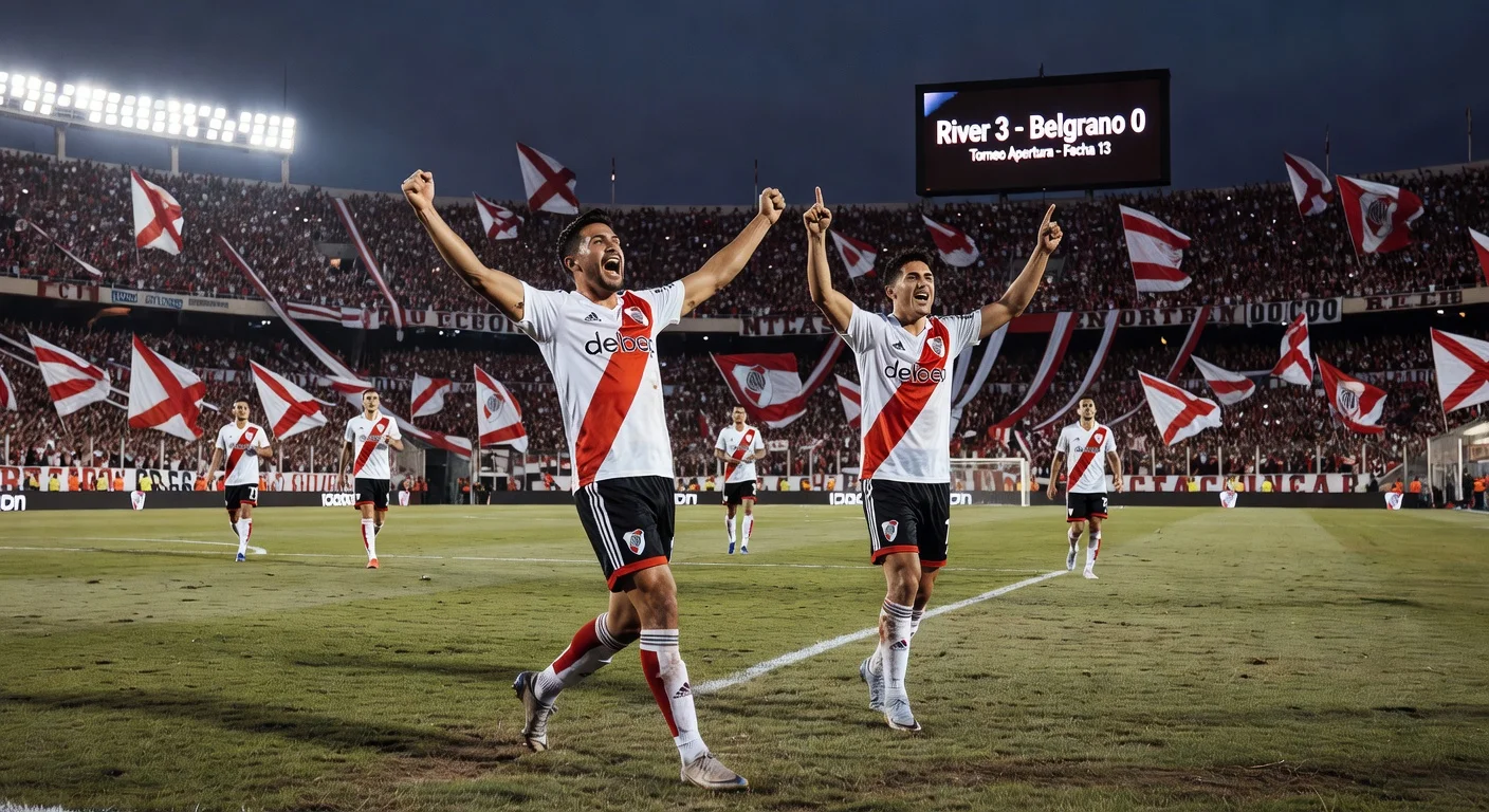 River Plate players and fans celebrate 3-0 win over Belgrano at Estadio Monumental, with uneven pitch visible.