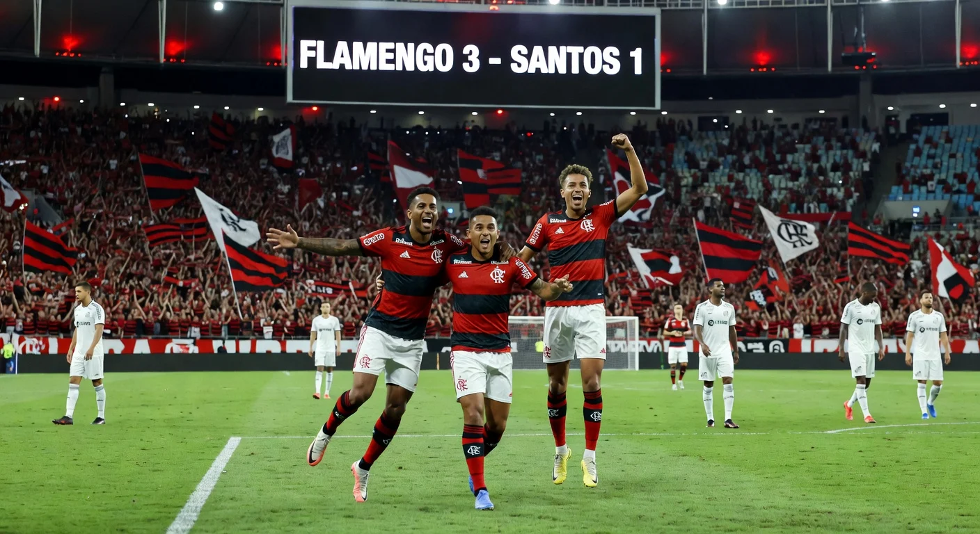 Flamengo players celebrate their 3-1 comeback win against Santos at Maracanã stadium in the Brazilian league.
