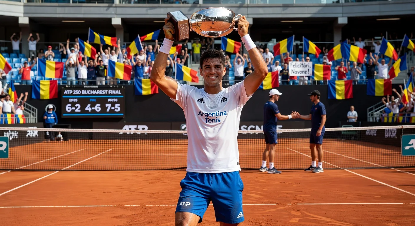 Mariano Navone celebrates first ATP title victory over Daniel Mérida at Bucharest Open.