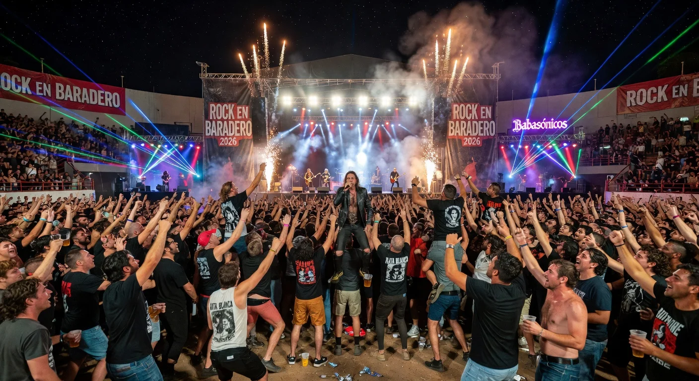 Energetic crowd at Rock en Baradero 2026 festival, headlined by Rata Blanca, mosh pit and stage lights capturing Argentine rock vibe.
