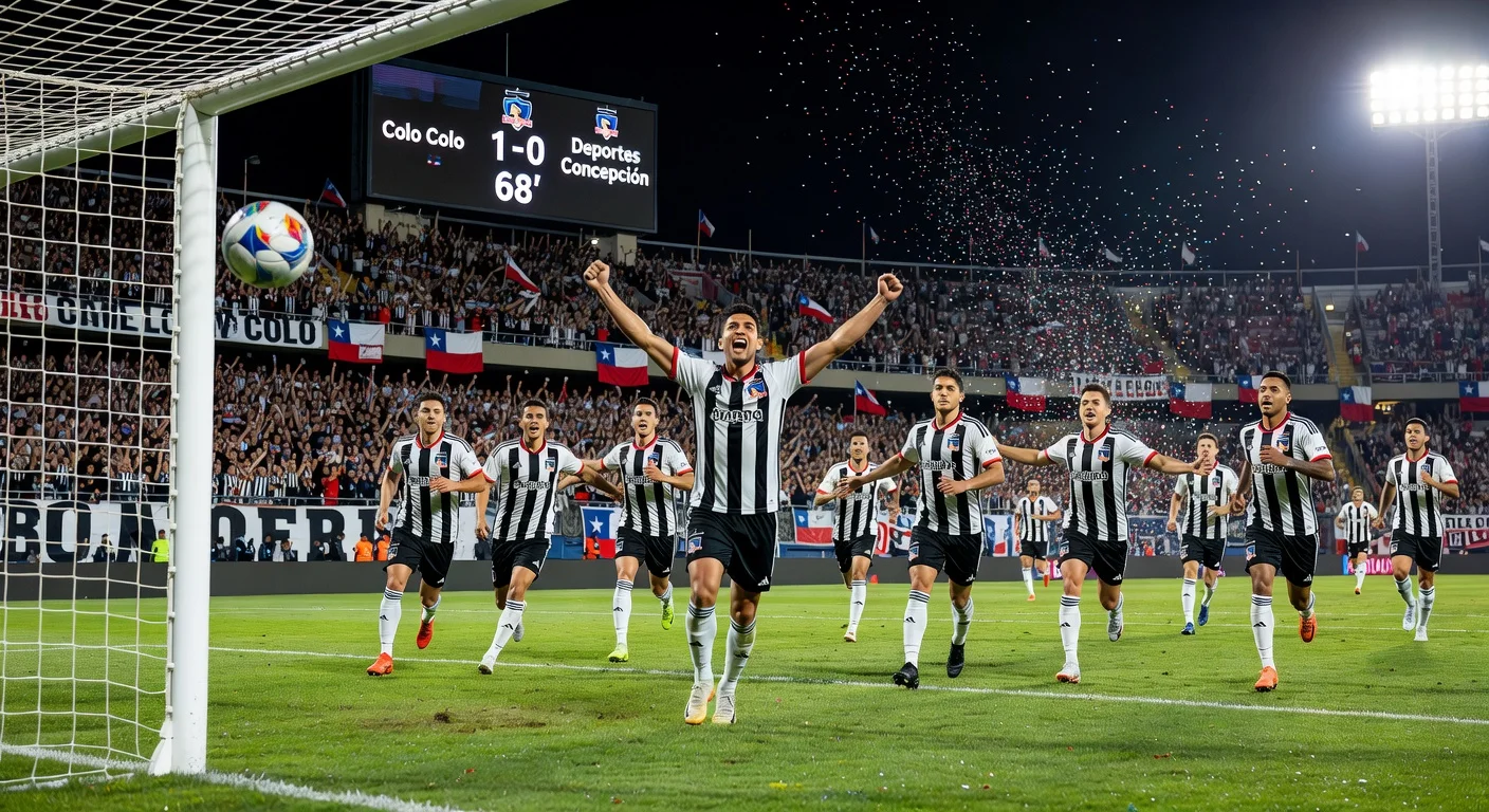Colo Colo players celebrate Álvaro Madrid's winning goal in 1-0 victory over Deportes Concepción at Ester Roa Rebolledo Stadium.