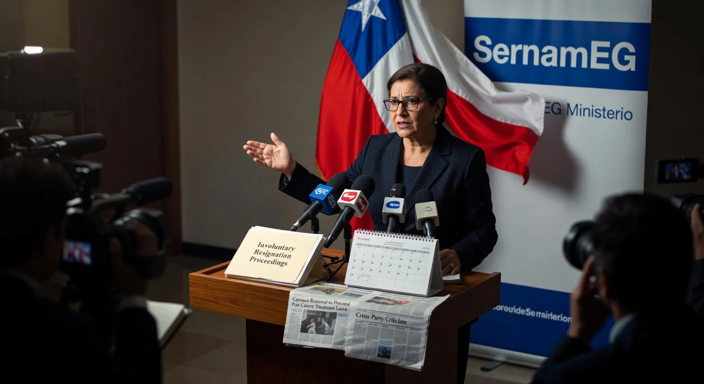 Minister Judith Marín at press conference confirming SernamEG director's removal after medical leave amid controversy.