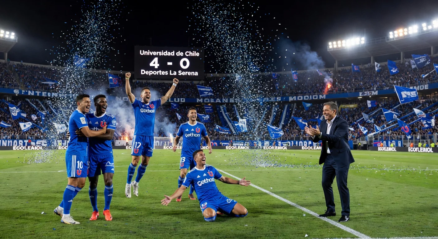 Universidad de Chile players and coach Fernando Gago celebrate 4-0 win over Deportes La Serena in his debut at Estadio Nacional.