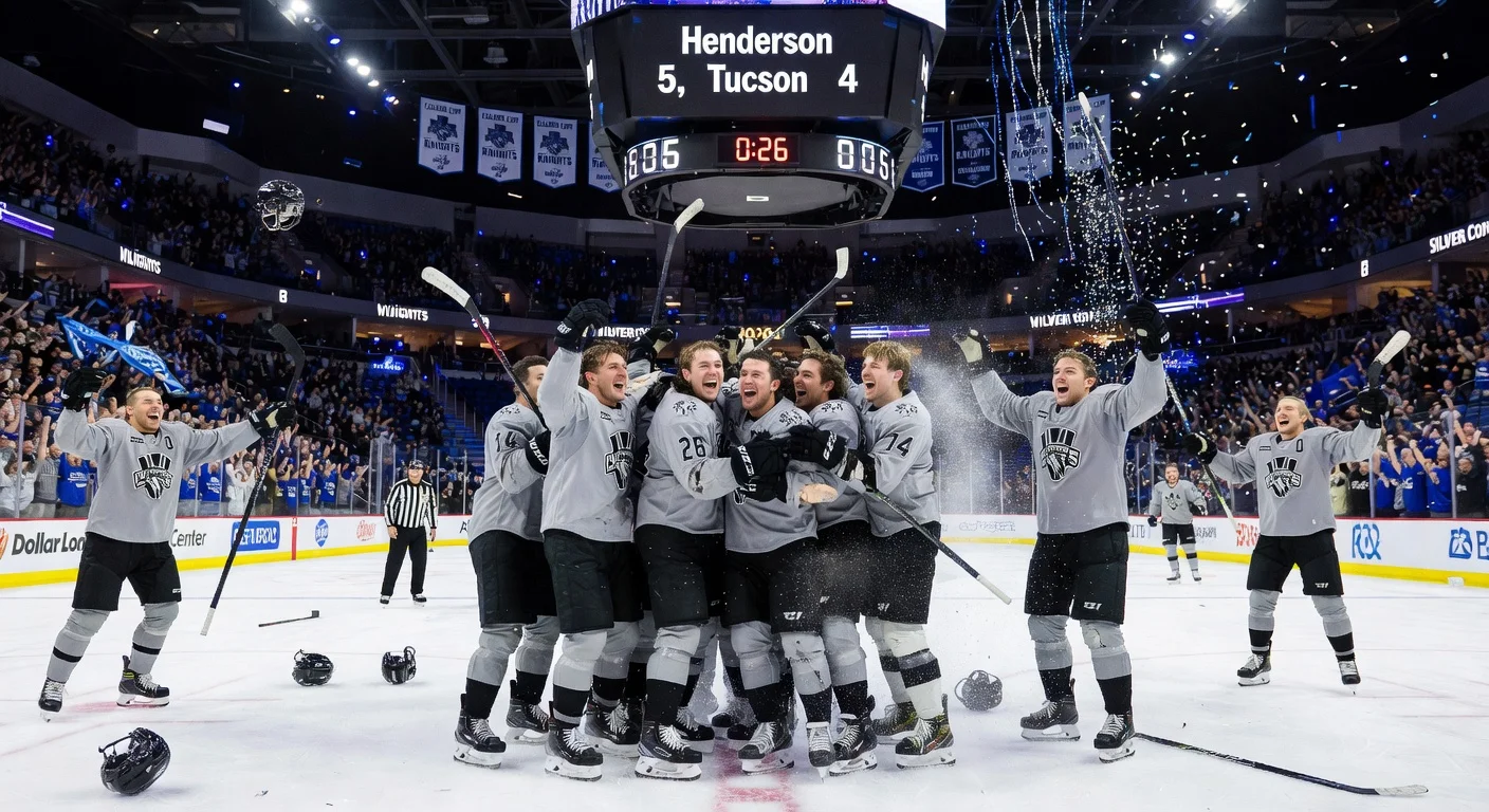 Henderson Silver Knights celebrate late rally to clinch Calder Cup playoff spot in 5-4 thriller.